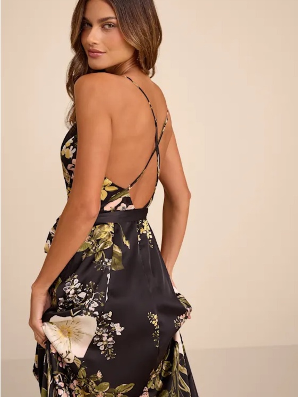 Lulu's Black Floral Wrap Maxi Dress with Green and Blush Print- NEW WITH TAGS XS - Picture 2 of 10